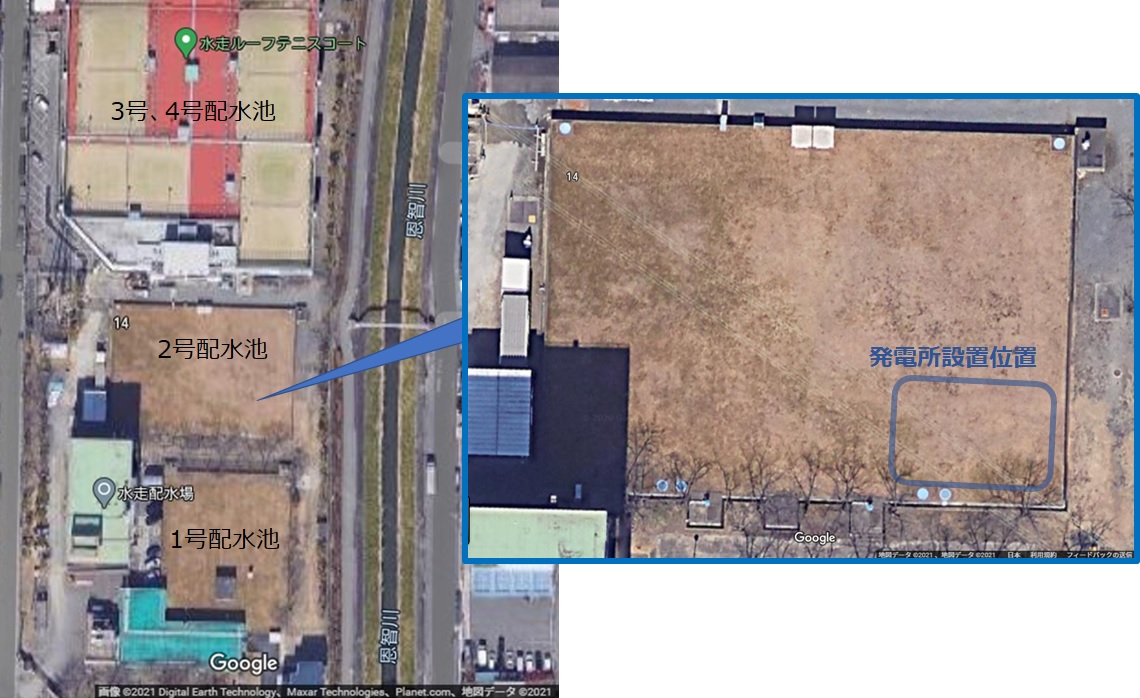 東大阪市水走配水場マイクロ水力発電所の設置位置