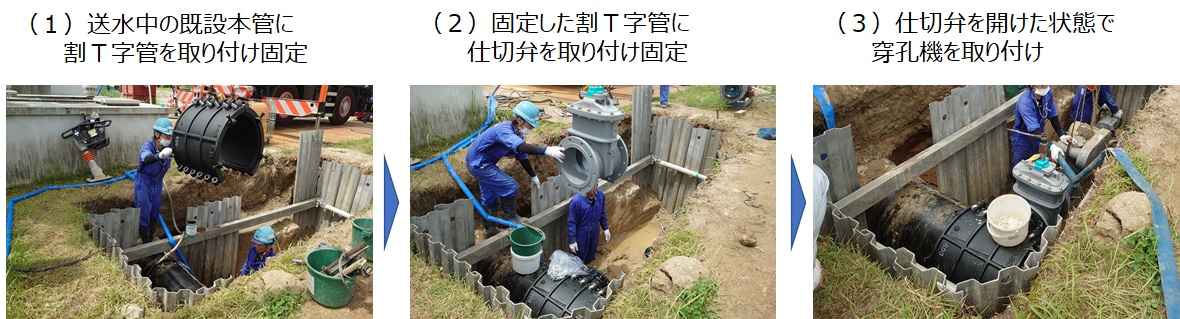 一ツ木配水場マイクロ水力発電所の不断水分岐工事（１）