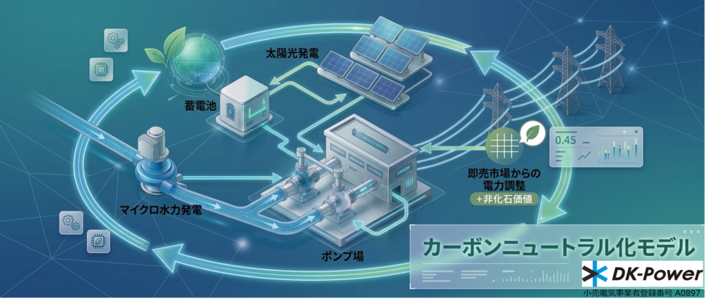 DK-Powerによる水道施設のカーボンニュートラル化モデル図。マイクロ水力発電、太陽光発電、蓄電池を組み合わせ、即売市場からの電力調整と非化石価値を活用したエネルギー循環システム。小売電気事業者登録番号 A0897。