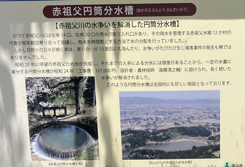 『赤祖父川の水争いを解消した円筒分水槽』と題された歴史解説看板