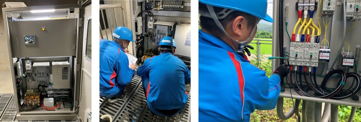 作業員による制御盤および電気設備の定期点検作業(制御盤内部、技術者による構造確認、盤内配線点検)