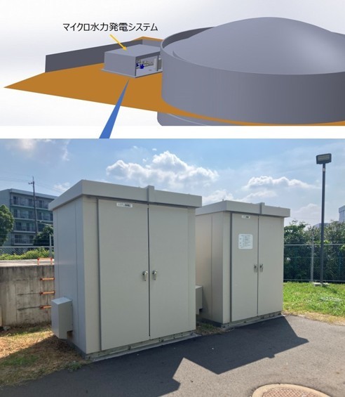 東海市東海ポンプ場の配水池と、地上に設置されたマイクロ水力発電システムの屋外機器収納箱