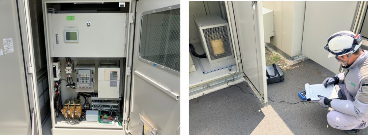 マイクロ水力発電のシステム制御盤内部と、作業服・ヘルメットを着用した技術員による定期測定・設備点検の様子
