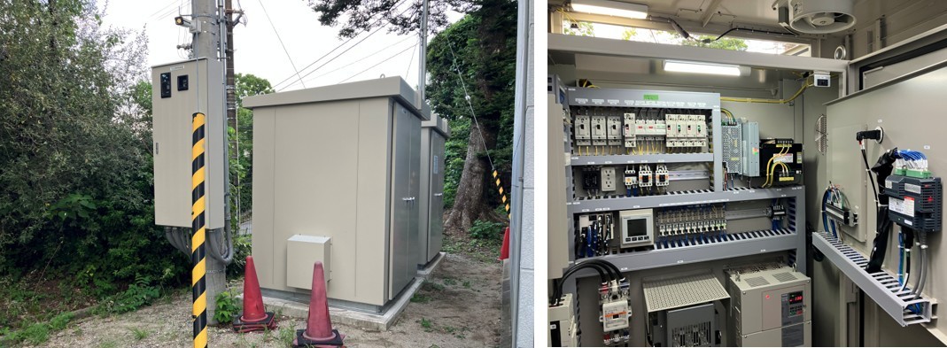 吹田市津雲配水場の屋外に設置されたシステム制御盤の外観、および開口して内部の配線や計器類を確認している様子